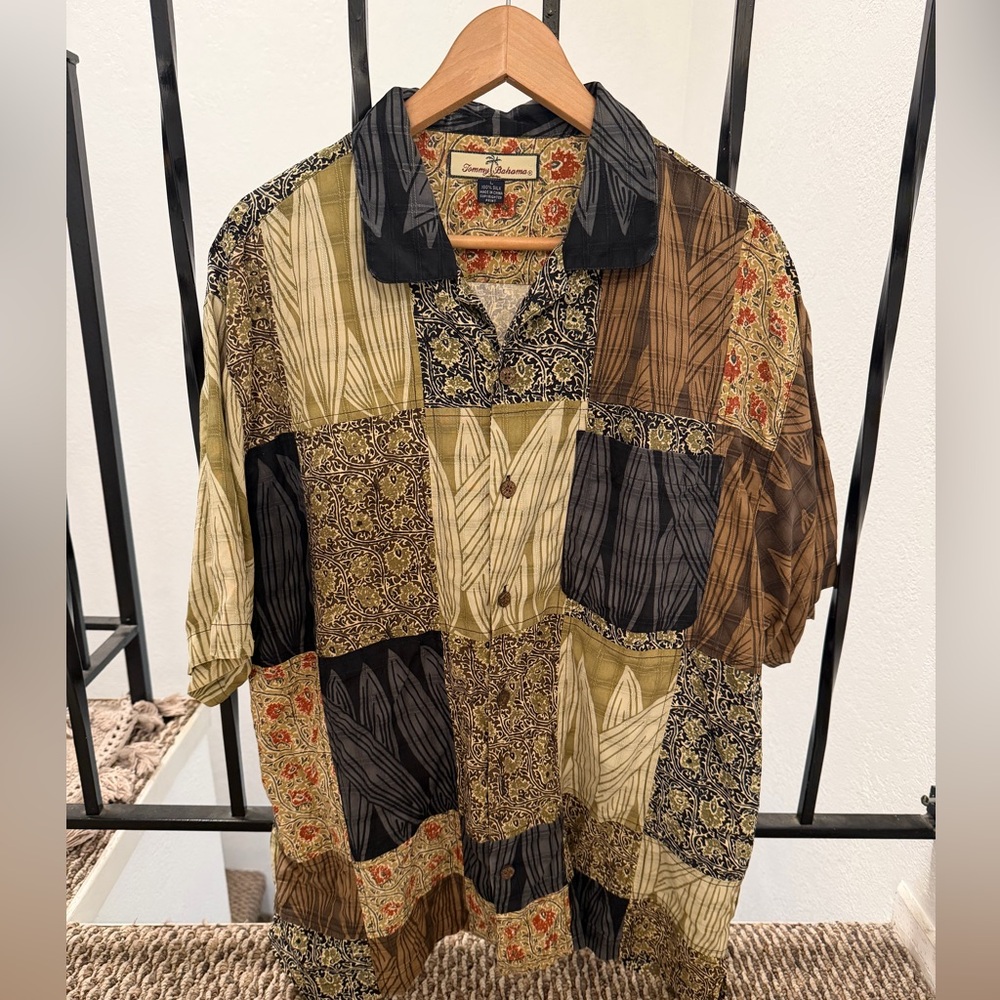 Tommy Bahama Patchwork, Silk Shirt - Blk, Brwn, Olive Large
